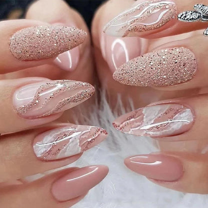 24Pcs Pink Almond False Nails Shiny Golden Ripples Stiletto Fake Nails Detachable Oval Full Cover Press on Nails Tips Manicure