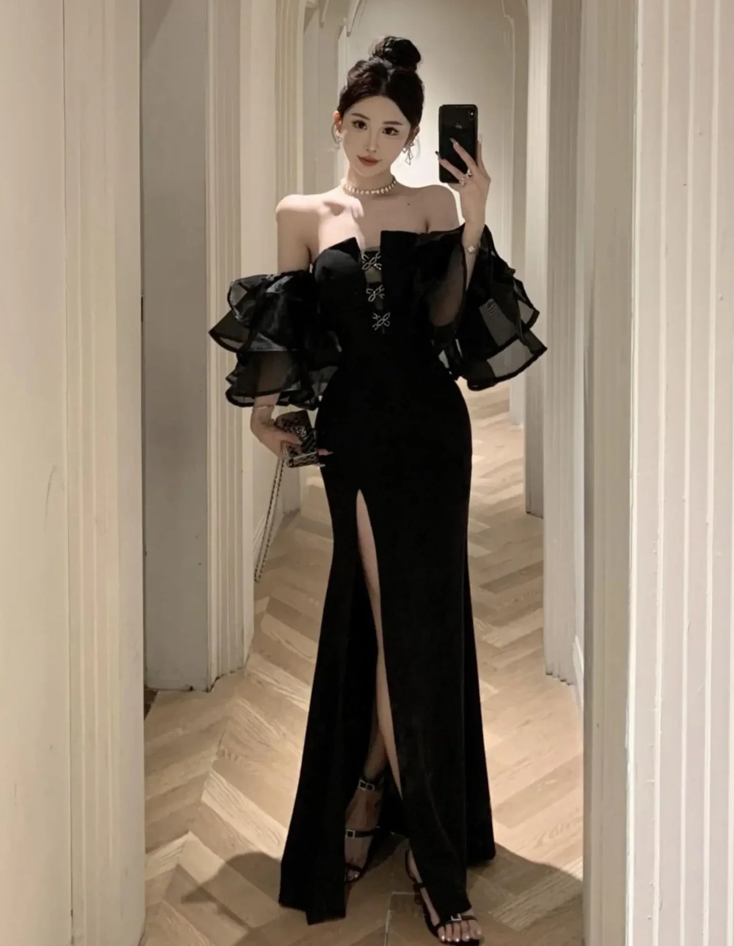 Fashion Sexy Black Party Prom Dresses Elegant Slim Waist Split Runway Robe Women Spring Summer Off Shoulder Vestidos Clothes