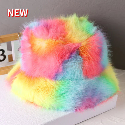 maoxiangshop y2k Fluffy Faux Fur Bucket Hat Women Rabbit Fur Warm Thick Plush Winter Hat Lady Luxury Fashion Furry Panama Fisherman Cap