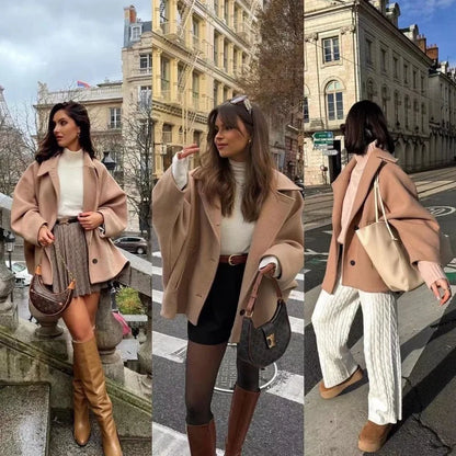 maoxiangshop  -  Women's Loose Casual Woolen Coats Retro Double Breasted Stand Collar Short Jacket Office Lady Outerwear Autumn Winter