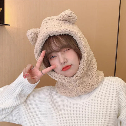 maoxiangshop Cute Bear Ear Hat Scarf Set Kawaii Women Winter Beanies Caps Warm Casual Plush Hat Casual Female Keep Wammer Anime Gift