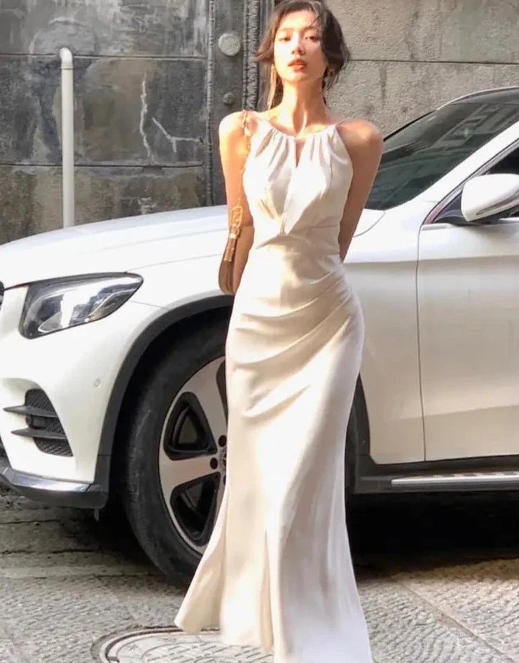 French Elegant Slim Wedding Mermaid Long Dress Summer Female Sexy Sleeveless Chic Bodycon Satin Vestidos Evering Party Prom Robe