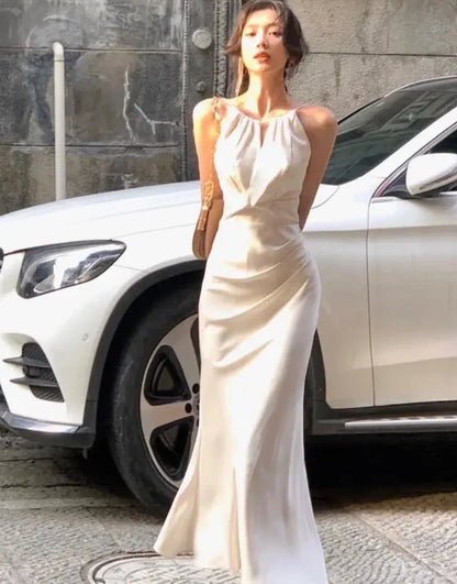 French Elegant Slim Wedding Mermaid Long Dress Summer Female Sexy Sleeveless Chic Bodycon Satin Vestidos Evering Party Prom Robe