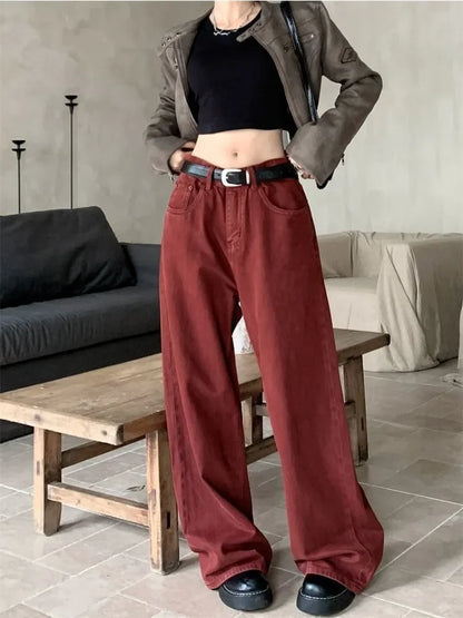 Y2K Red Baggy Jeans Women Oversize Denim Pants Acubi Fashion Loose High Waist Wide Leg Trousers Harajuku Streetwear