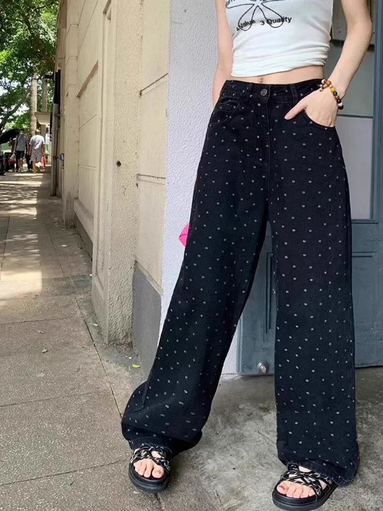 Y2k Black Polka Dot Jeans Women Vintage High Waist Loose Wide Leg Pants Korean Streetwear Fashion Casual Straight Trousers