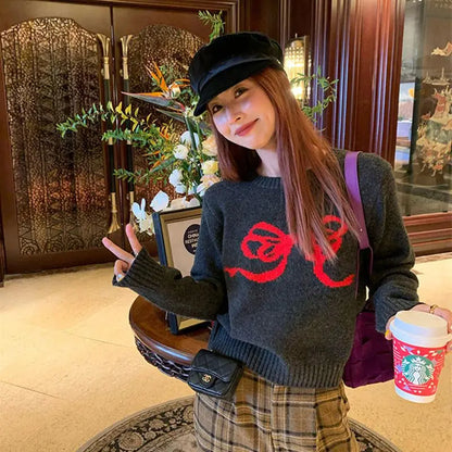 maoxiangshop  -  Women Autumn Winter Vintage Fashion Loose Bow O-neck Long Sleeve Knitwear Women Clothes Office Lady All-match Temperament Tops