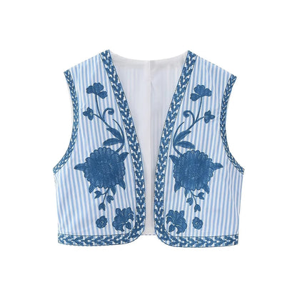 maoxiangshopWomen Fashion Y2k Vintage Floral Embroidery Vest Top V Neck Loose Casual Summer Woman Short Cardigan Waistcoat Chic Tops