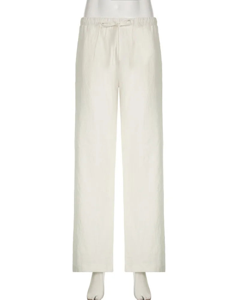 Casual Basic White Pants Women Baggy Low Waist Straight Trousers Solid Color Thin Wide Leg Pantalones Ladies Summer