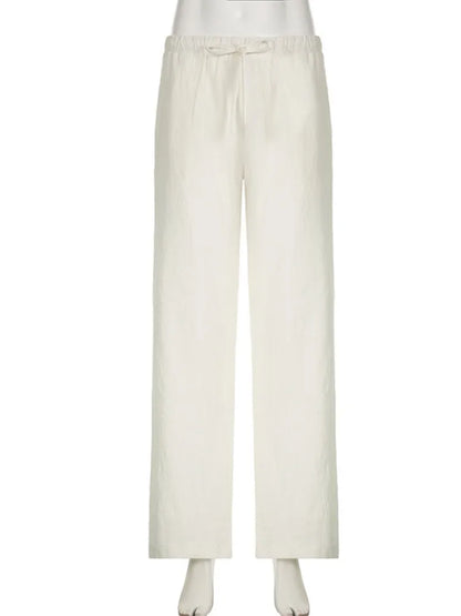 Casual Basic White Pants Women Baggy Low Waist Straight Trousers Solid Color Thin Wide Leg Pantalones Ladies Summer