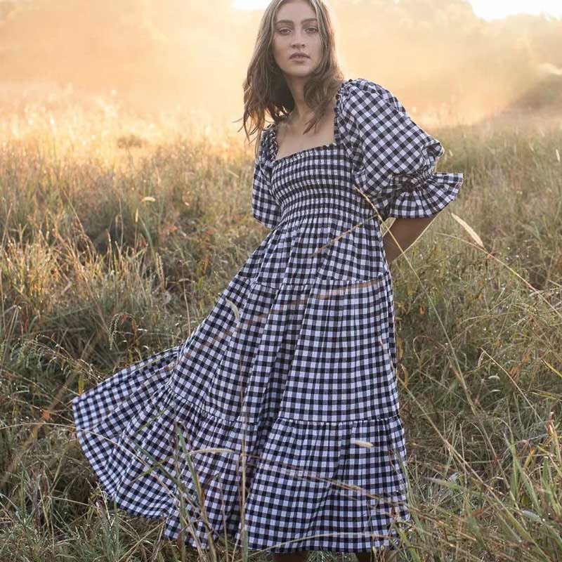 Jastie Vintage Plaid Cotton Summer Dress for Women Bow Tied Back Smocked Bust Midi Dress New Boho Beach Dress Female Vestidos