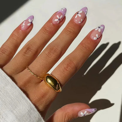 maoxiangshop 24Pcs Blue Flower False Nails Almond Cute Heart with French Design Detachable Fake Nails Artificial Press on Nails Tips Art