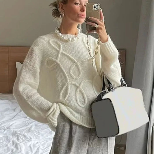 maoxiangshop  -  Fashion Casual Pullovers For Women Solid Color Round Neck Long Sleeve Knitted Sweater Loose Female 2024 Autunn Winter New