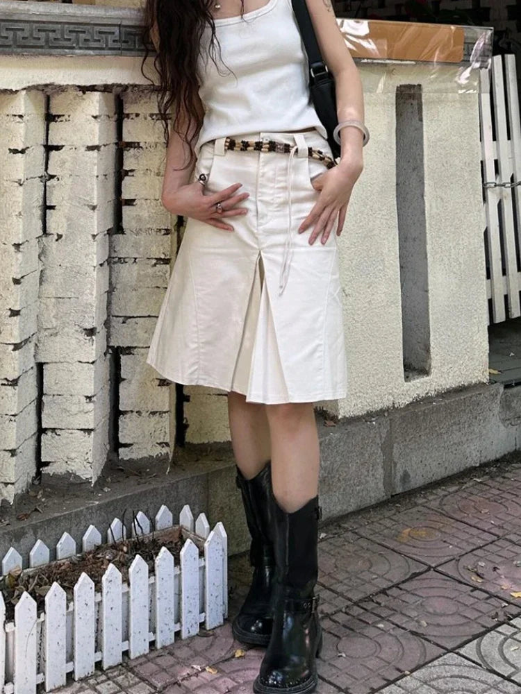 maoxiangshop  -  White Long Skirt Women Y2k American Retro High Waist Irregular Streetwear Vintage Knee-length Midi Skirt Autumn 2024