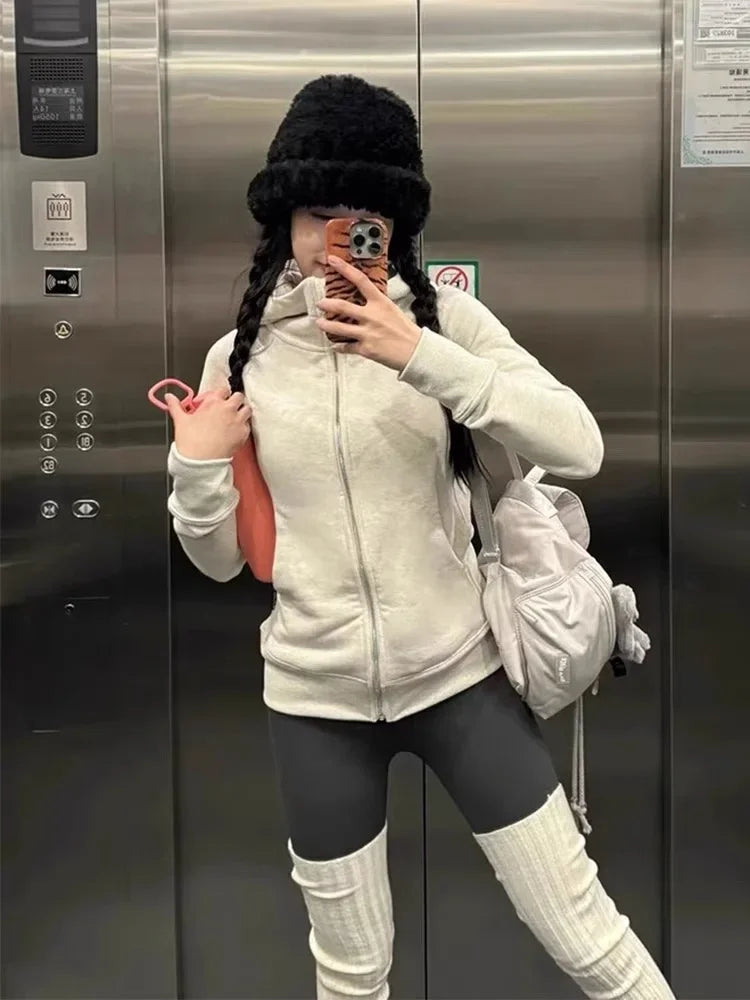 maoxiangshop American Vintage Cropped Hoodies Women Korean Style Streetwear Grey Zip Up Hooded Sweatshirt Casual Y2k Slim Hood Shirt
