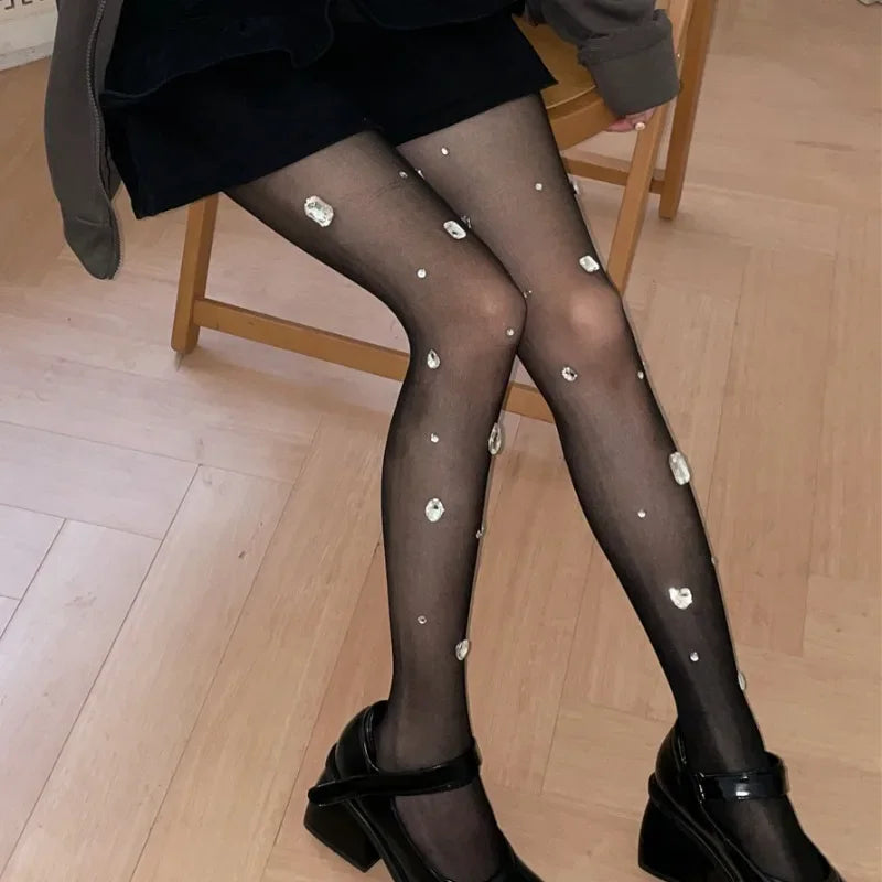 maoxiangshop -  Rhinestones Splice Pantyhose Women Thigh Mesh Sexy See Through Solid Stockings Hot Girl Autumn Clubwear Tights Femme