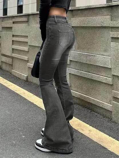 Vintage Flared Stretch Jeans Women High Waist Skinny Boot Cut Gray Denim Pants Y2K Punk Streetwear Wide Leg Trousers