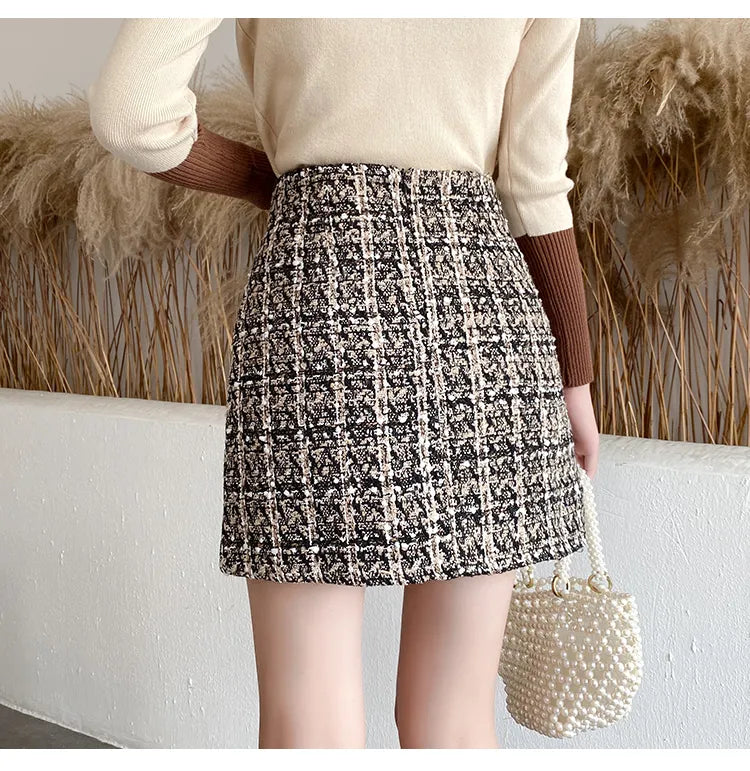 maoxiangshop Fall Winter Plaid Tweed Skirt Womens Thick Woolen Pearl Button Front Pocket Glitter Mini Skirt Saia Feminina