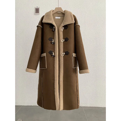 maoxiangshop  -  Korean Winter Fashion Suede Lamb Wool Splice Coat Fashion American Retro Coat High-End Long Single-Breasted Thicken Warm Coat