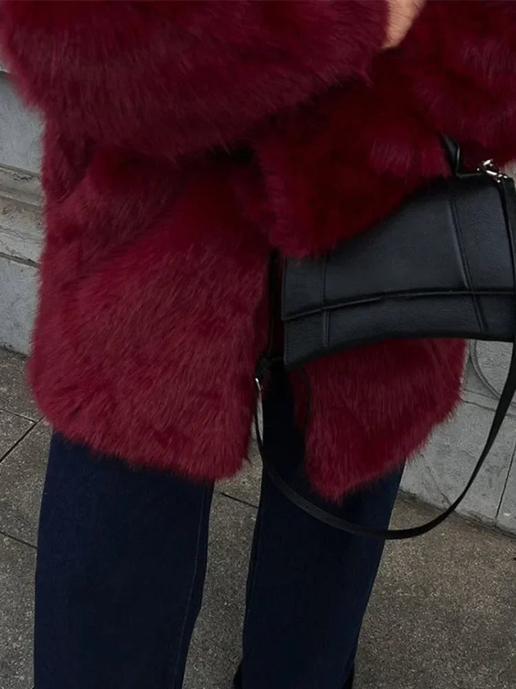 maoxiangshop  -  Red Faux Fur Jacket Women Lapel Full Sleeves Single Breasted Female Jackets 2024 Autumn Winter Fashion Casual Warm Lady Coats
