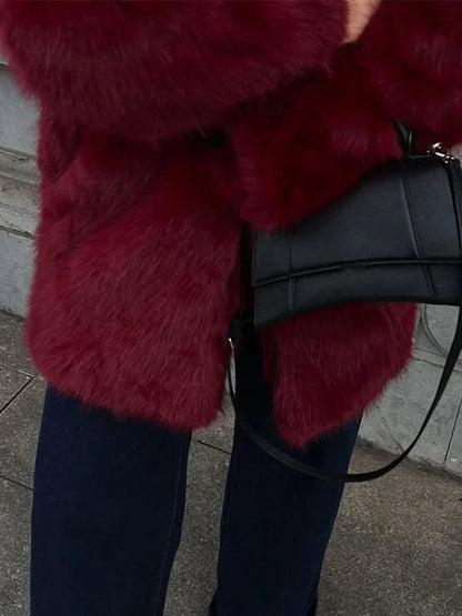 maoxiangshop  -  Red Faux Fur Jacket Women Lapel Full Sleeves Single Breasted Female Jackets 2024 Autumn Winter Fashion Casual Warm Lady Coats