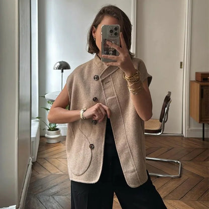 maoxiangshop  -  2024 Elegant Sleeveless Thin Coat Women Retro Street Loose O-neck Single Breasted Khaki Vest Jacket Autumn All-match Outwear