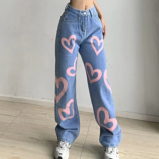 maoxiangshopBrown Baggy Girl Jeans Women Heart Print New Aesthetic Vintage 90s Streetwear Denim Trousers Low Waist Straight Pants