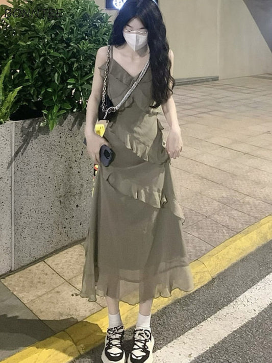 maoxiangshop Dresses Women Ruffles Design Daily Pure Sexy Spaghetti Strap Elegant Casual Korean Style Retro Summer Ladies Midi Vestidos Chic