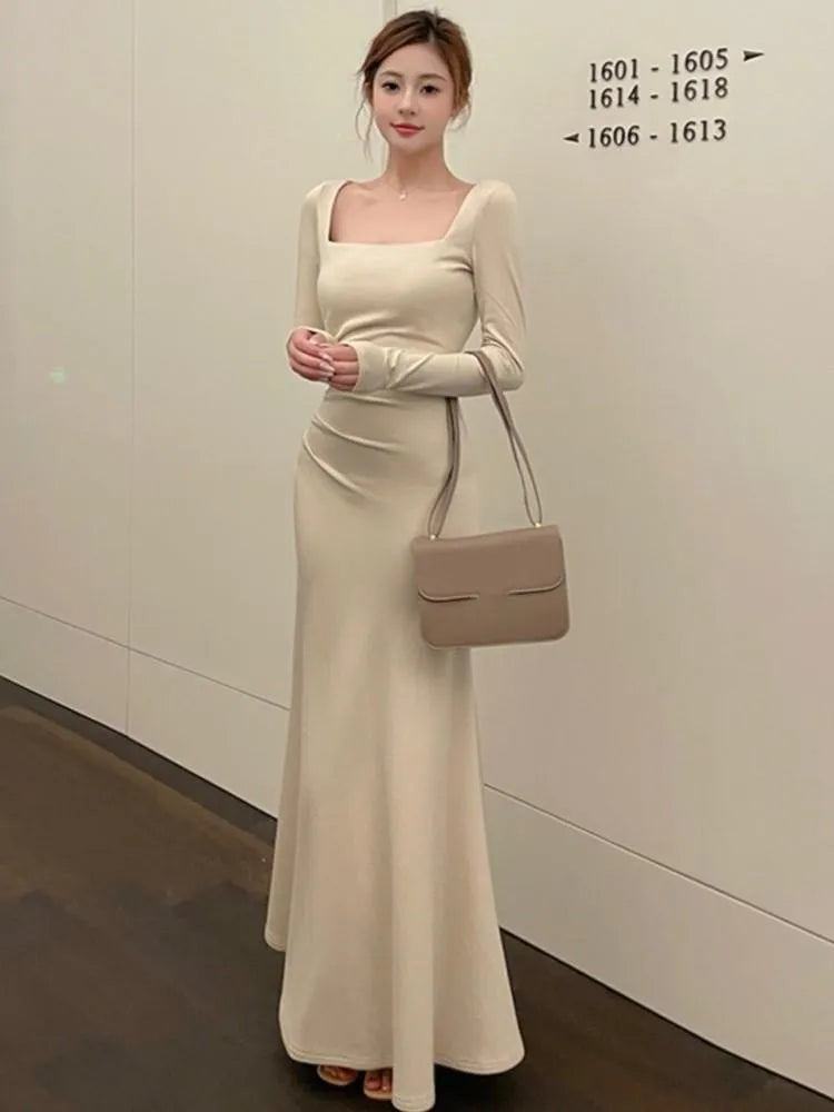 2023 Elegant Slim Waist Women Mermaid Dress French Square Neck Lady Party Solid Midi Dresses Vintage Long Sleeve Female Clothes