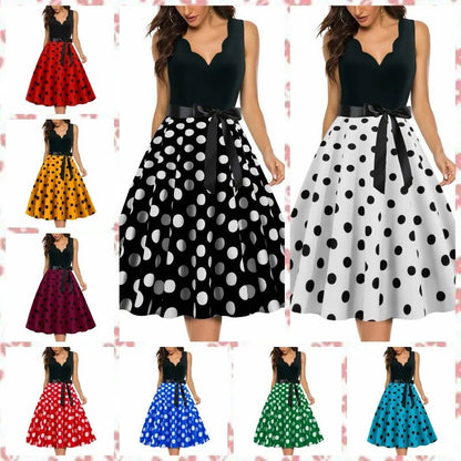 maoxiangshop Womens Retro Summer Dresses Robe Vintage Pinup 1950s 60s Rockabilly Sexy V-Neck Polka Dot Print Party Dress Vestido S-3XL