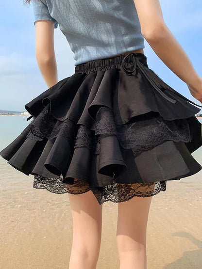 maoxiangshop Black Patchwork Lace Short Women Cake Skirt With Lace Up High Waist Preppy Style Cute Ball Gown Kawaii Skirts Girls