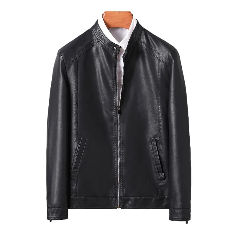 maoxiangshop New Men Leather Jacket Classic Slim Fit Motorcycle PU Leather Jacket Solid Color Standing Collar Men Large Black Leather Jacket