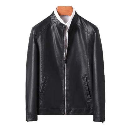 maoxiangshop New Men Leather Jacket Classic Slim Fit Motorcycle PU Leather Jacket Solid Color Standing Collar Men Large Black Leather Jacket