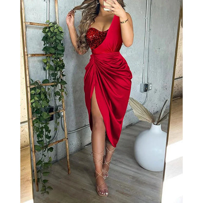 maoxiangshop Summer Women Elegant Spaghetti Strap Ruched Irregular Party Dress Women Temperament Split Slim Ladies Office Dresses