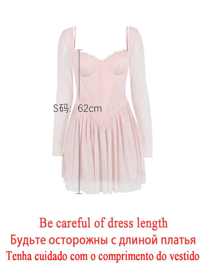 Summer Mesh Long Sleeve Corset Dress Pink A Line Vacation Party Dresses Elegant Lace Patchwork Women Clothing