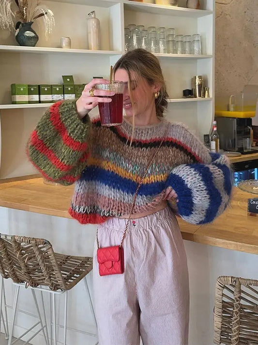 maoxiangshop  -  Casual Knitted Colorful Stripes Sweater Women Fashion O Neck Puff Long Sleeves Short Pullover Autumn Lady High Street Jumper