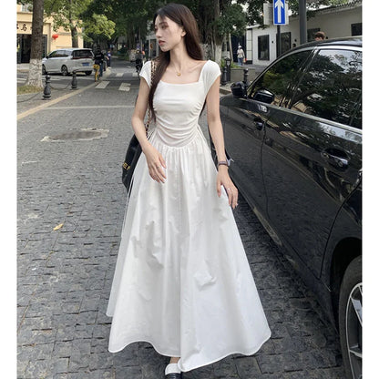 Elegant Dress Women White Sweet Kawaii Summer Midi Dress Korean Fashion Chic Shirring Square Collar Female Vestidos New