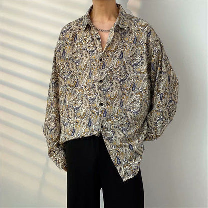 maoxiangshop Men's Clothing Turn-down Collar Handsome Long Sleeve Button Spring Summer Thin Man Printing Loose Streetwear Casual Korean