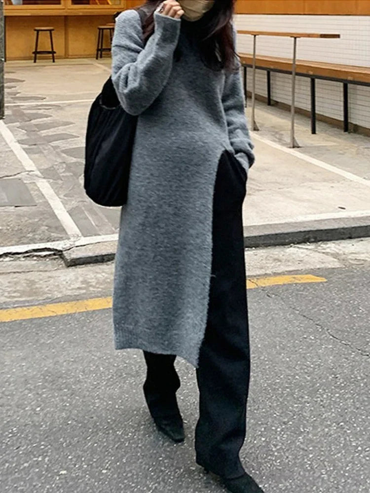 Winter Women Dress Oversize Dresses Knitting Fall Sweater Women Dress Long Sleeve Knitted Dresses Maxi Vintage Thick White Maxi