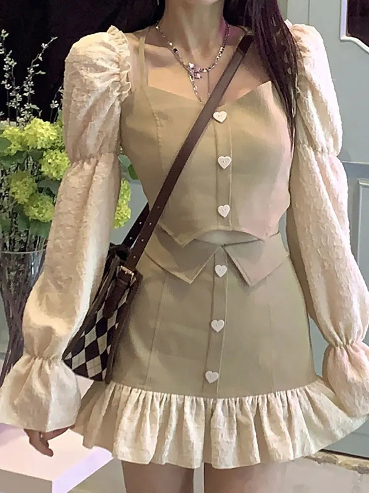 maoxiangshop Dresses Sets Women Sexy Skirt Outfits Female Two-piece Sets Puff Sleeve Halter Top+ A-line High Waist Skirt Two-piece Trend