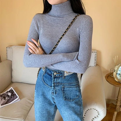 maoxiangshop 2024 Autumn Winter Women Long Sleeve Knitted Foldover Turtleneck Ribbed Pull Sweater Soft Warm Femme Jumper Pullover Clothes