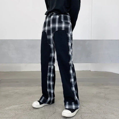 maoxiangshop 2024 Fashion Elegant Plaid Splicing Design Casual Pants Men's Trendy High Street Original Straight Tube Trousers