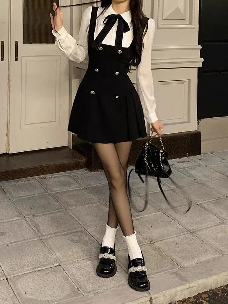 Autumn Fake Two Dress Women Slim Chic Long Sleeve Bow Casual Y2k Mini Dress Female Korean Fashion Elegant Short Party Dress