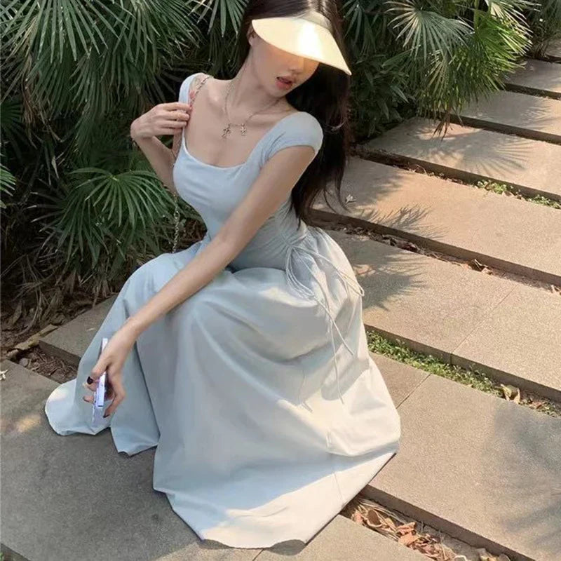 Elegant Dress Women White Sweet Kawaii Summer Midi Dress Korean Fashion Chic Shirring Square Collar Female Vestidos New