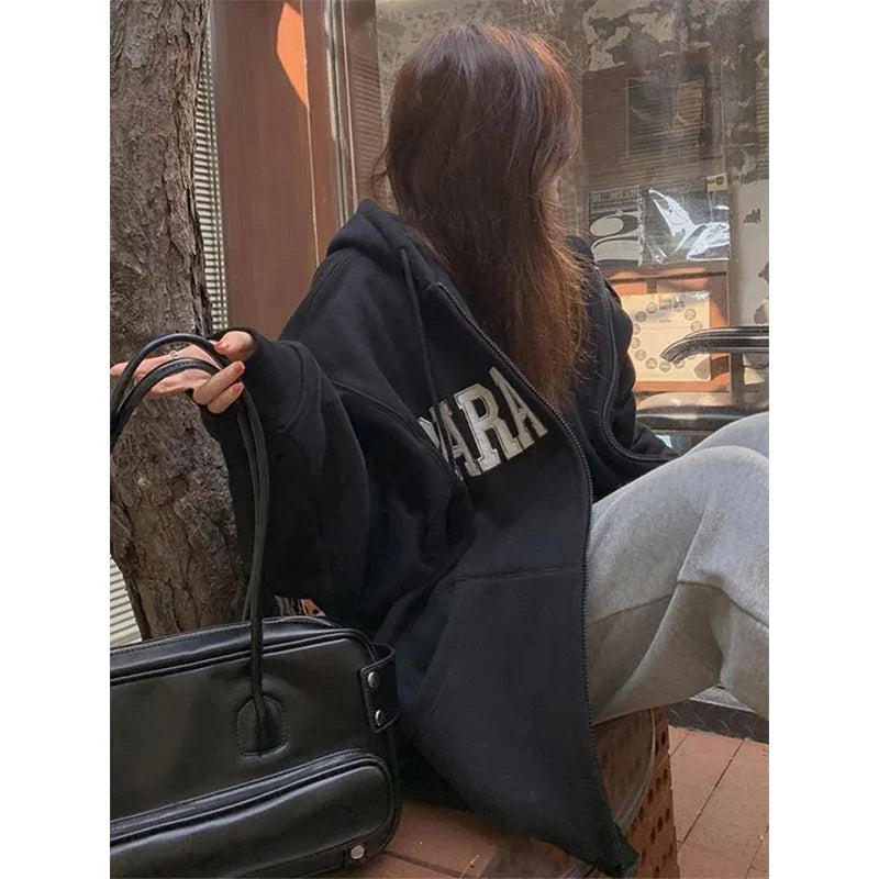 maoxiangshop Streetwear Zip Up Hoodies Women Oversized Letter Print Sweatshirt Harajuku Korean Plus Fleece Thick Casual All Match Tops
