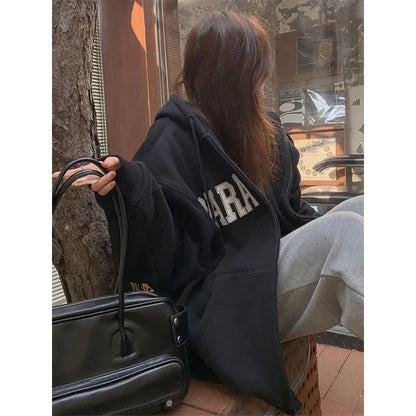 maoxiangshop Streetwear Zip Up Hoodies Women Oversized Letter Print Sweatshirt Harajuku Korean Plus Fleece Thick Casual All Match Tops