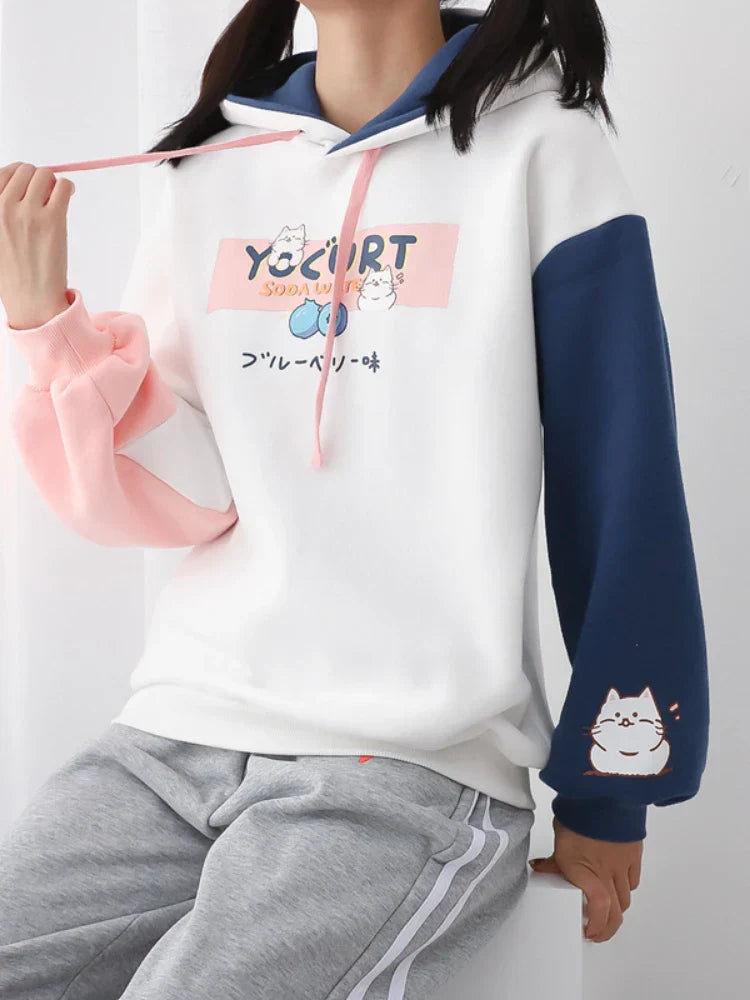 maoxiangshop Kawaii Cat Print Women Hoodies Spring Long Sleeve Drawstring Cotton Hooded Sweatshirt Female Harajuku Cute Pullover Tops