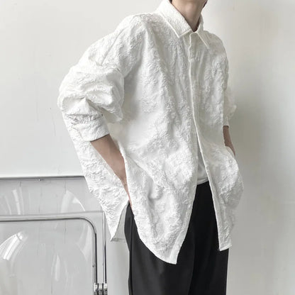 maoxiangshop Shirts Men Floral Japanese Style Fashion Loose Pleated Long Sleeve Vibe All-match High Street Youthful Cool Designed Vintage