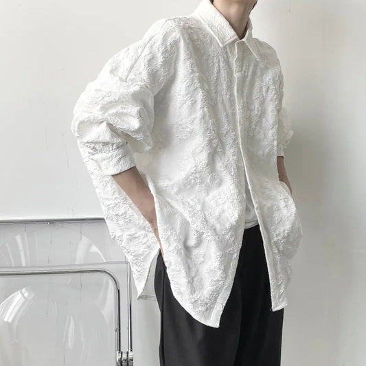 maoxiangshop Shirts Men Floral Japanese Style Fashion Loose Pleated Long Sleeve Vibe All-match High Street Youthful Cool Designed Vintage