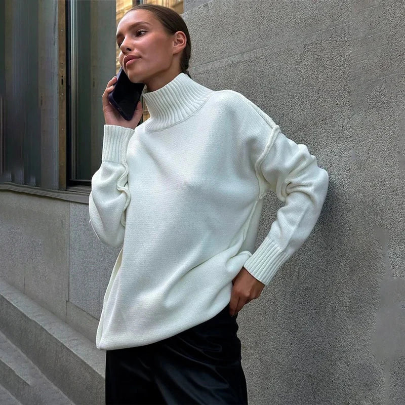 maoxiangshop  -  Winter Knit Turtleneck Pullover Female Clothes Loose Casual Ribbed Patchwork Long Sleeve Oversized Sweater Women Knitwear New