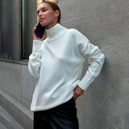 maoxiangshop  -  Winter Knit Turtleneck Pullover Female Clothes Loose Casual Ribbed Patchwork Long Sleeve Oversized Sweater Women Knitwear New